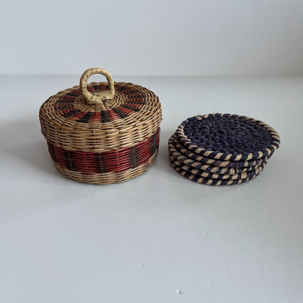 1970s Wicker Coaster Set in Basket Holder Vintage Boho Whimsy Cottagecore